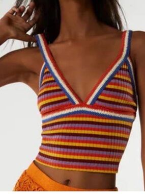 Zara Striped Knit V-Neck Crop Tank Top - Multi